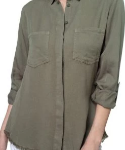 Iris Basic Olive Green Frayed Button Down