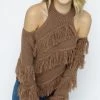 Blue B Women's Clothing Mocha Double Cutout Shoulder Sweater With Fringe