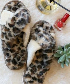 Wanna B Brown Leopard Faux Fur Criss Cross Slippers