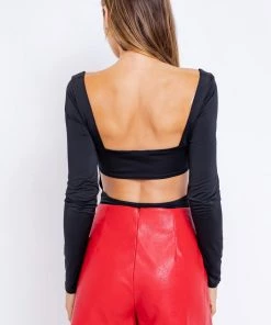 Le Lis Women's Clothing Long Sleeve Black Cutout Back Bodysuit