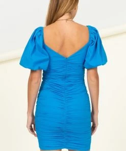 HYFVE Blue Ruched Puff Sleeve Mini Dress Women's Clothing