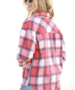 Veveret Red Button Down Flannel Shacket Women's Clothing