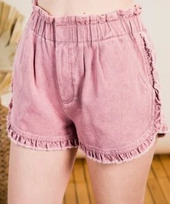 Very J Pink Ruffle Trim Denim Shorts