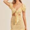 Mable Smocked Yellow Ditzy Floral Cutout Mini Dress Women's Clothing