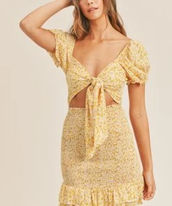 Mable Smocked Yellow Ditzy Floral Cutout Mini Dress Women's Clothing