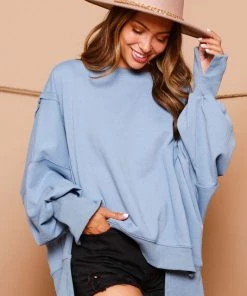 Fantastic Fawn Dusty Blue Oversized Pullover Sweatshirt Women's Clothing