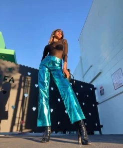 Amy Lynn Metallic Ice Blue Straight Leg Pants