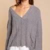 POL Women's Clothing Grey Distressed V-Neck Fleece Pullover
