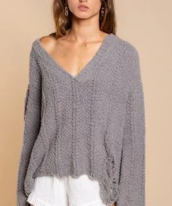 POL Women's Clothing Grey Distressed V-Neck Fleece Pullover