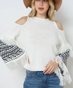 Blue B Women's Clothing White Cold Shoulder Fringe Aztec Sweater