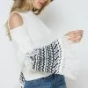 Blue B Women's Clothing White Cold Shoulder Fringe Aztec Sweater