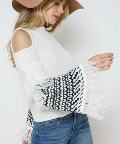 Blue B Women's Clothing White Cold Shoulder Fringe Aztec Sweater