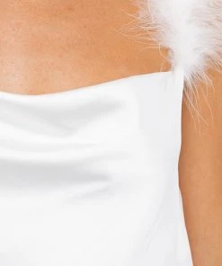 Le Lis White Feather Trim Cowl Neck Tank Women's Clothing