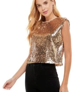 TCEC Women's Clothing Gold Sequin Shoulder Pad Tank Top