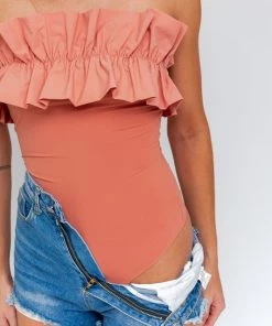 Le Lis Women's Clothing Salmon Ruffle Trim Sleeveless Bodysuit