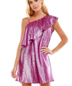 TCEC Women's Clothing Pink Sequin Ruffle Top Cocktail Dress