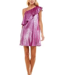 TCEC Women's Clothing Pink Sequin Ruffle Top Cocktail Dress