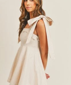 Mable Taupe Shoulder Tie Flare Dress Women's Clothing