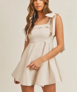Mable Taupe Shoulder Tie Flare Dress Women's Clothing