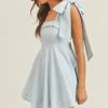 Mable Blue Shoulder Tie Flare Dress Women's Clothing