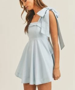 Mable Blue Shoulder Tie Flare Dress Women's Clothing
