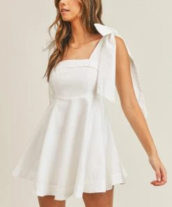 Mable White Shoulder Tie Flare Dress
