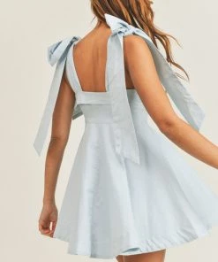 Mable Blue Shoulder Tie Flare Dress Women's Clothing
