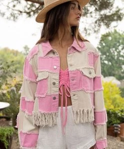 POL Pink And Tan Patchwork Detail Denim Jacket