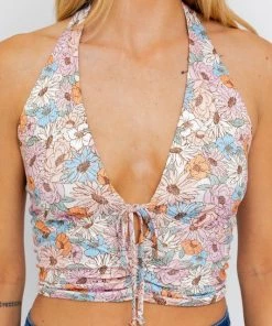 Le Lis Floral Ruched Halter Neck Top
