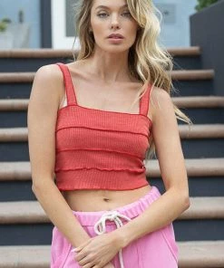 POL Women's Clothing Red Ruffle Textured Tank Top