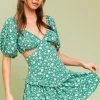 Le Lis Green Floral Puff Sleeve Cutout Mini Dress