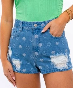 Le Lis Smiley Face Print Denim Shorts