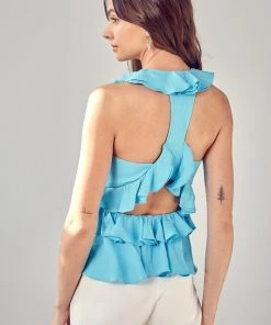 Do + Be Blue Cutout Sleeveless Ruffle Blouse Women's Clothing