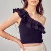Do + Be Black Ribbed One Shoulder Ruffle Top Women's Clothing 2 Do + Be Black Ribbed One Shoulder Ruffle Top Women's Clothing