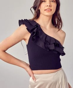 Do + Be Black Ribbed One Shoulder Ruffle Top Women's Clothing