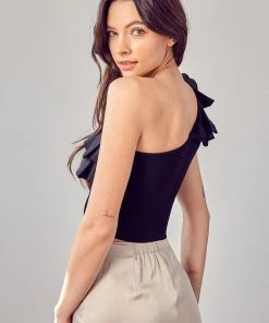 Do + Be Black Ribbed One Shoulder Ruffle Top Women's Clothing 5 Do + Be Black Ribbed One Shoulder Ruffle Top Women's Clothing