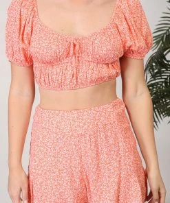 Timing Women's Clothing Coral Floral Puff Sleeve Crop Top