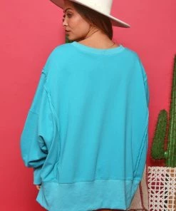 Fantastic Fawn Women's Clothing Aqua Blue Oversized Pullover Sweatshirt