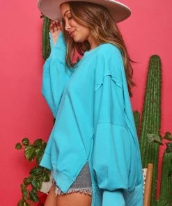 Fantastic Fawn Women's Clothing Aqua Blue Oversized Pullover Sweatshirt