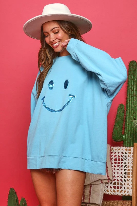 Fantastic Fawn Aqua Blue Sequin Smiley Face Pullover Sweatshirt Women's Clothing 3 Fantastic Fawn Aqua Blue Sequin Smiley Face Pullover Sweatshirt Women's Clothing
