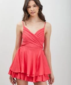 Do + Be Coral Double Layered Romper Dress Women's Clothing