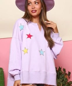 Fantastic Fawn Purple Sequin Star Patches Pullover Sweatshirt