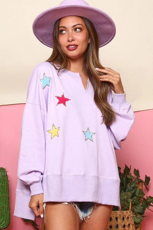 Fantastic Fawn Purple Sequin Star Patches Pullover Sweatshirt 3 Fantastic Fawn Purple Sequin Star Patches Pullover Sweatshirt