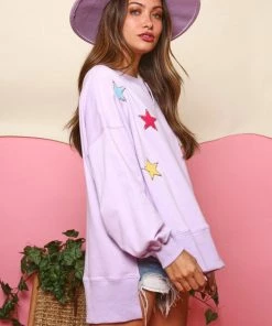Fantastic Fawn Purple Sequin Star Patches Pullover Sweatshirt