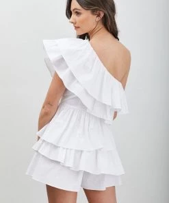 Do + Be White One Shoulder Ruffle Romper Dress Women's Clothing
