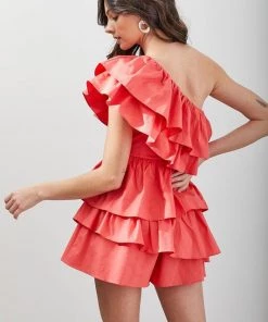 Do + Be Women's Clothing Coral One Shoulder Ruffle Romper Dress