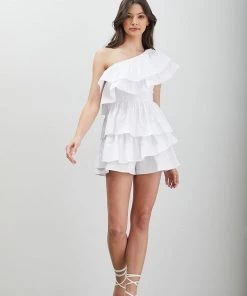 Do + Be White One Shoulder Ruffle Romper Dress Women's Clothing
