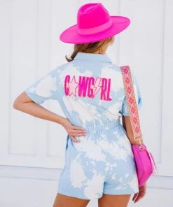 Judith March Pink Cowgirl Chenille Patch Bleached Romper