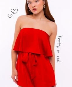 Le Lis Red Satin Tiered Ruffle Romper Women's Clothing