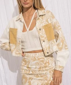 BaeVely Yellow Pattern Block Denim Jacket Women's Clothing